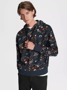 Rag & Bone Men’s City Floral Cotton Hoodie in Navy Blue, Size XS